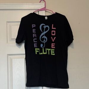 Black Tee with Colorful Peace Love Flute Design